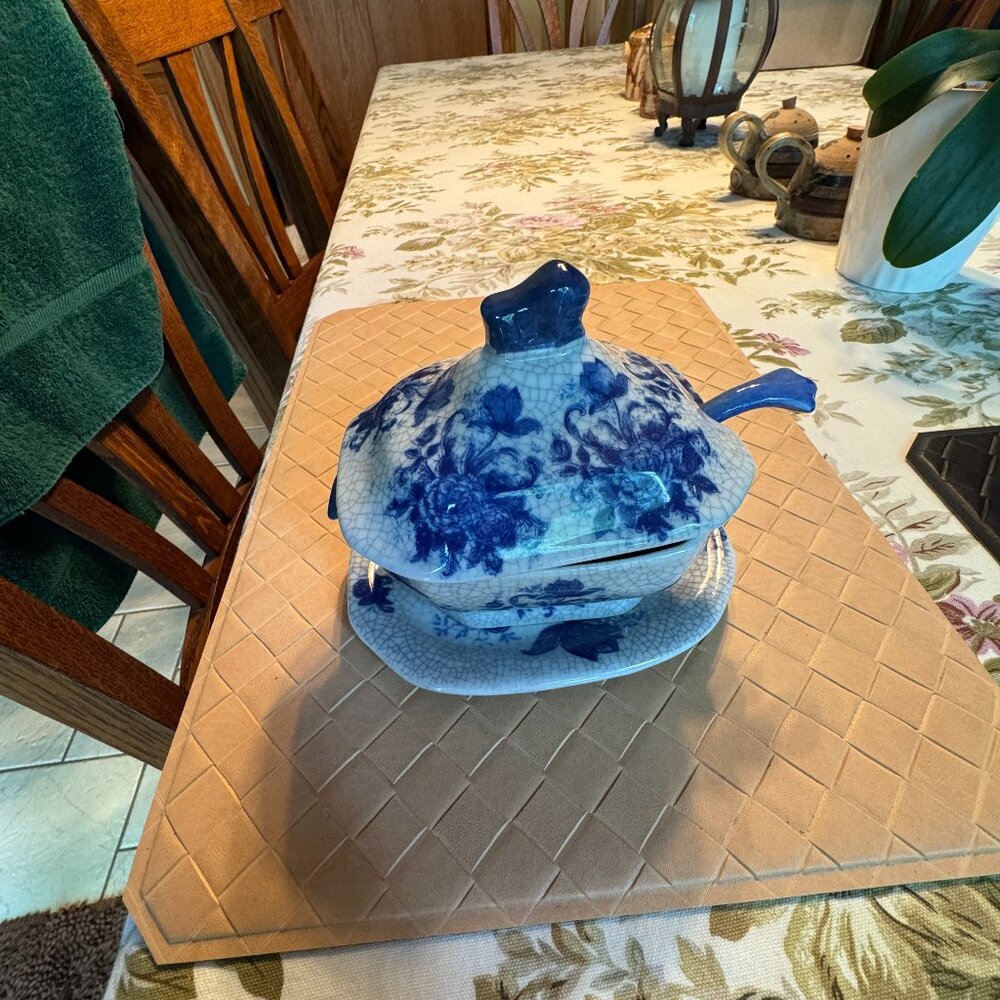Vintage Blue Cracked Porcelain Gravy Boat with Lid, Ladle & Tray